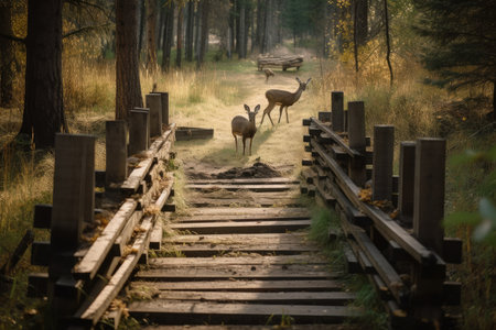 deer grazing in forest with duckboards path visible, created with generative aiの素材