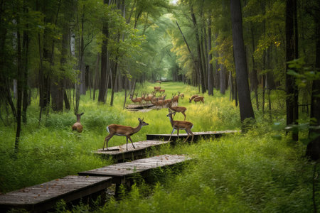 deer grazing in forest with duckboards path visible, created with generative aiの素材