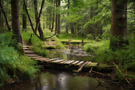 peaceful forest with duckboards path and babbling brook, created with generative aiの素材
