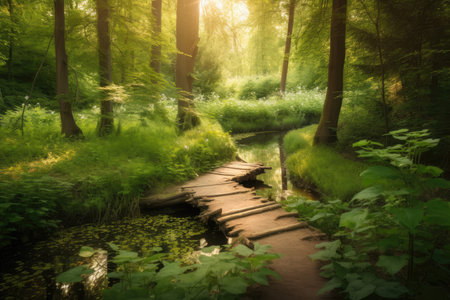 peaceful forest with duckboards path and babbling brook, created with generative aiの素材