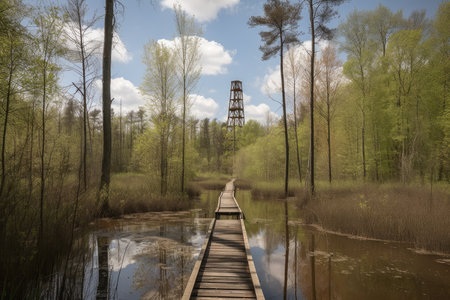 forest with duckboards path and water tower in the distance, created with generative aiの素材