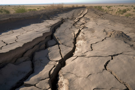fault line, with visible cracks in the earths surface and tension visible, created with generative aiの素材