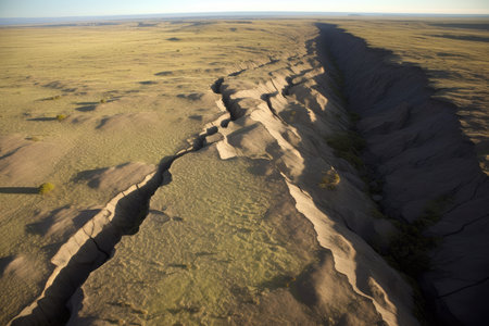 fault line, with visible cracks in the earths surface and tension visible, created with generative aiの素材
