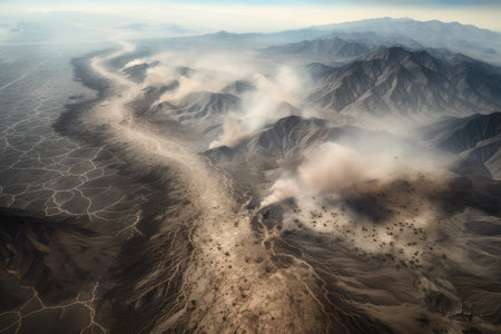 aerial view of fault lines and earthquakes, with smoke billowing from the earth, created with generative aiの素材