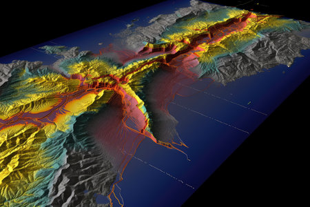 3-dimensional view of earthquake, with shifting fault line and tremors visible, created with generative aiの素材