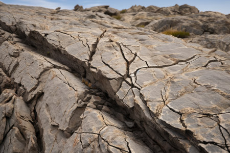 close-up of fault line, with visible cracks and pressure marks, created with generative aiの素材