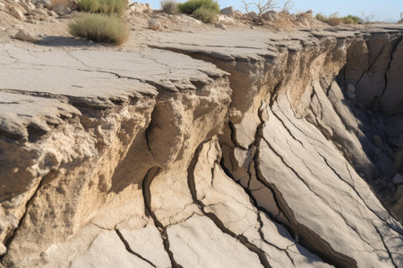 close-up of fault line, with visible cracks and tension, created with generative aiの素材