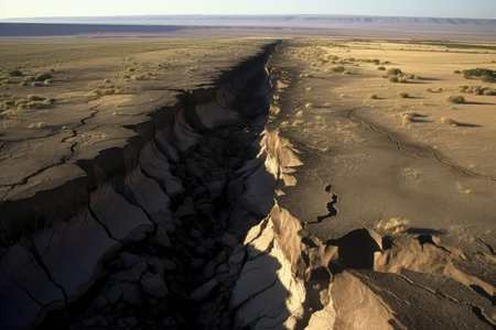 shallow fault line, with visible cracking and movement of the earth, created with generative aiの素材