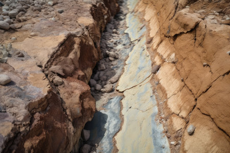 close-up of a fault line, with the earth shifting and grinding, created with generative aiの素材