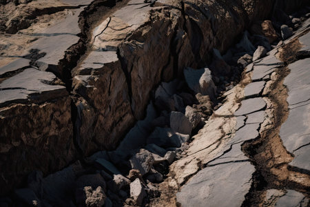 close-up of a fault line, with the earth shifting and grinding, created with generative aiの素材