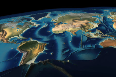 aerial view of the earths surface, with visible fault lines and earthquake epicenters, created with generative aiの素材