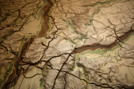 close-up of fault lines, with the tension and forces that cause earthquakes visible, created with generative aiの素材