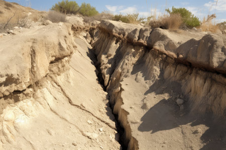 close-up of fault lines, with the tension and forces that cause earthquakes visible, created with generative aiの素材