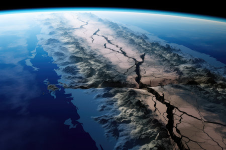 fault line, with close-up view of the earths surface, showing cracks and fissures, created with generative aiの素材