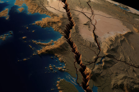 fault line, with close-up view of the earths surface, showing cracks and fissures, created with generative aiの素材