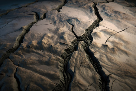 fault line, with close-up view of the earths surface, showing cracks and fissures, created with generative aiの素材