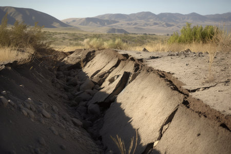 close-up of earthquake fault line, with visible cracks and ruptures in the ground, created with generative aiの素材