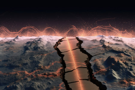 fault line, with plates of earth in motion and shaking, creating earthquake, created with generative aiの素材
