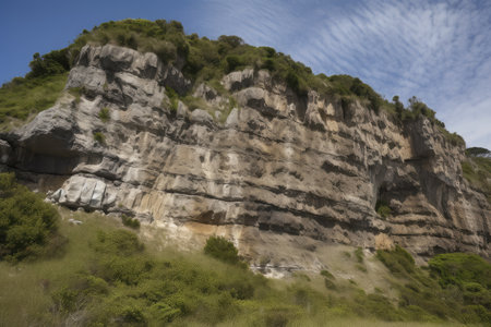 a majestic cliff face, with the traces of long-past earthquakes visible on its surface, created with generative aiの素材