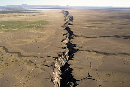 view of fault line, with visible displacement and cracks in the earth, created with generative aiの素材