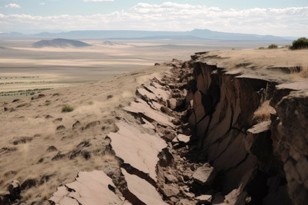 view of fault line, with visible displacement and cracks in the earth, created with generative aiの素材