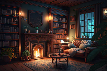 a cozy living room, with a fireplace and bookshelves, at night, created with generative aiの素材