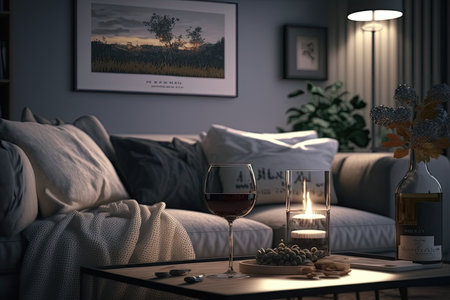 relaxing evening in living room, with soft lighting and glass of wine, created with generative aiの素材