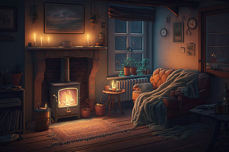 cozy living room, with warm fire and cozy blankets, at night, created with generative aiの素材