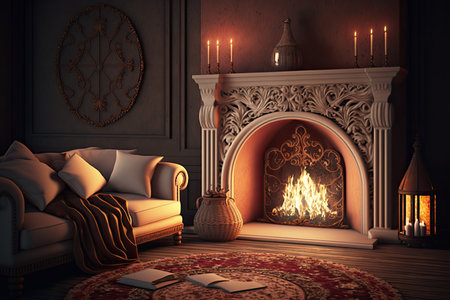 fireplace burning, with cozy rug and throw pillows for a warm and welcoming living room, created with generative aiの素材