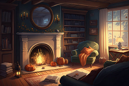 a cozy living room, with a fireplace and reading nook, surrounded by warm and inviting decor, created with generative aiの素材