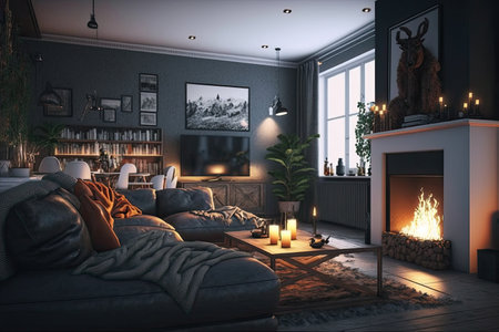 a cozy living room with warm lighting and a fireplace, perfect for spending the evening with friends, created with generative aiの素材
