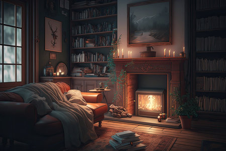 a cozy living room, with a fireplace and warm lighting, creating the perfect place to curl up with a good book, created with generative aiの素材