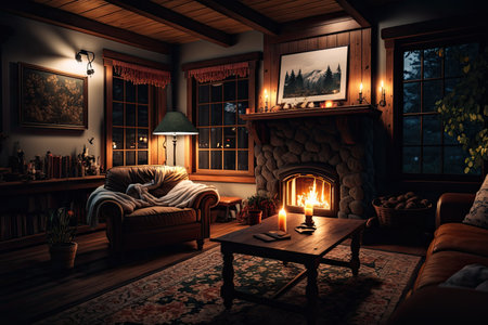 a cozy living room, with a fireplace and warm lighting, at night, created with generative aiの素材