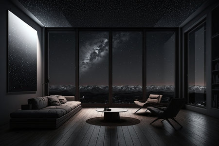 a living room with a view of the night sky, where the stars shine brightly against the blackness, created with generative aiの素材