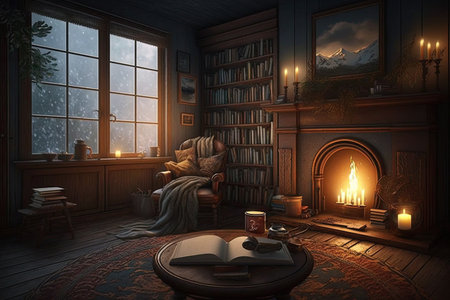 a cozy living room with a fireplace and a stack of books, perfect for winding down on a winter night, created with generative aiの素材