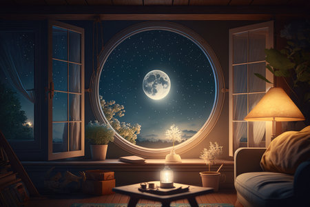 close-up of peaceful living room at night, with light from the moon and stars shining through the window, created with generative aiの素材