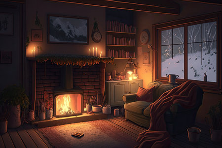 a warm and cozy living room, with a crackling fire, on a cold winter night, created with generative aiの素材