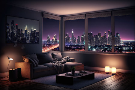 living room with a view of the city at night, with bright lights shining and traffic moving, created with generative aiの素材