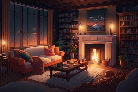 relaxing and cozy living room with warm lighting, a fireplace, and comfy furniture at night, created with generative aiの素材