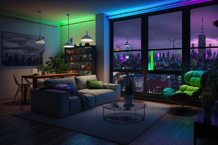 living room, with view of the city at night, including colorful lights and illuminated buildings, created with generative aiの素材