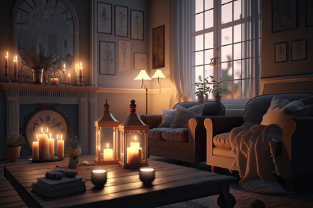 living room with dimmed lights and candles, creating warm and cozy atmosphere, created with generative aiの素材