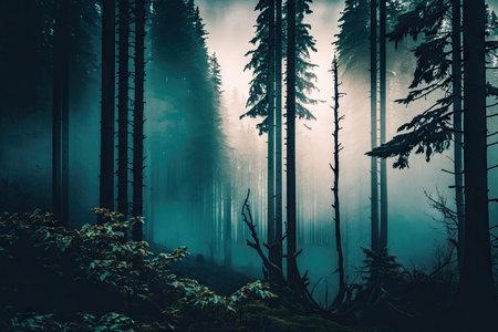 mystical forest with towering trees and mist in the air, created with generative aiの素材