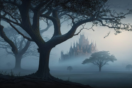 mystical trees surrounded by misty fog, with distant view of a castle in the background, created with generative aiの素材