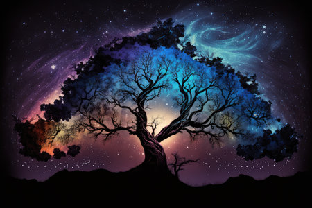 mystical tree with view of the night sky, stars shining overhead, created with generative aiの素材