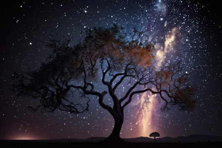 mystical tree with view of the night sky, stars shining overhead, created with generative aiの素材