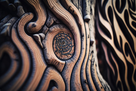 close-up of tree trunk, with intricate patterns and textures visible, created with generative aiの素材