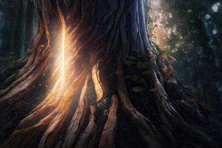 close-up of mystical tree trunk with magical light shining through the leaves, created with generative aiの素材