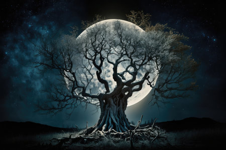 mystical tree, with full moon shining down on it, casting magical light, created with generative aiの素材