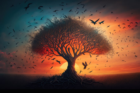 mystical tree, with sunset behind it, and a flock of birds flying beyond the horizon, created with generative aiの素材
