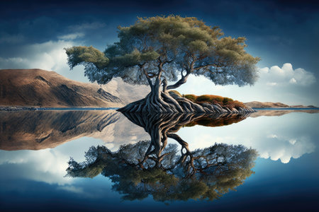 majestic tree with reflection in tranquil lake, created with generative aiの素材